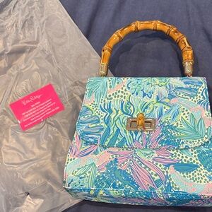 Lilly Pulitzer Blue Multi Tropical Bamboo-Handle Purse
